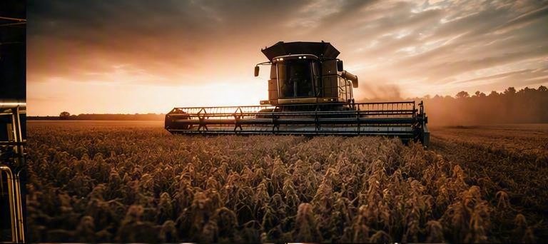Cosecha de campo con maquinaria agrícola al atardecer