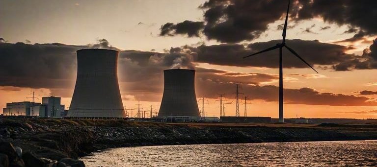 Torres de refrigeración y turbina eólica al atardecer