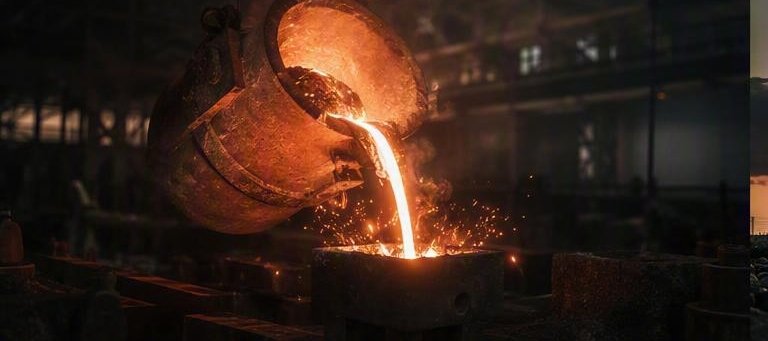 Colada de metal fundido en una planta siderúrgica