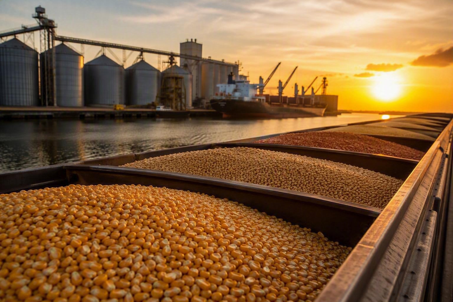 Vagones con granos junto a silos y buque de carga al atardecer