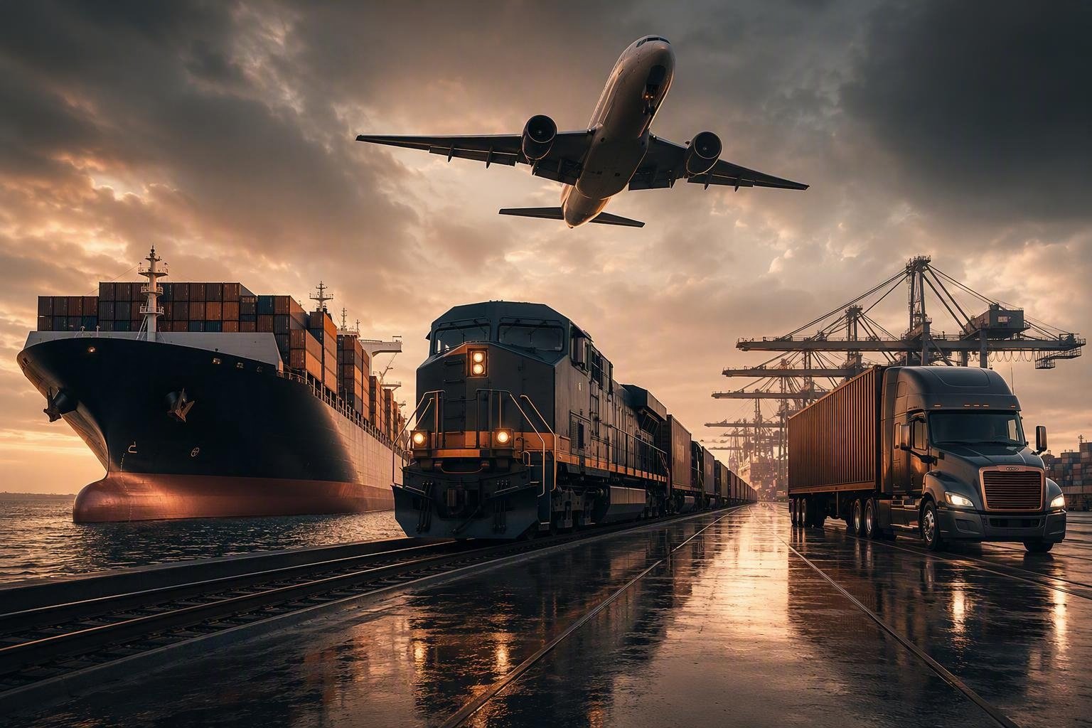 Transporte multimodal: avión, barco, tren y camión de carga